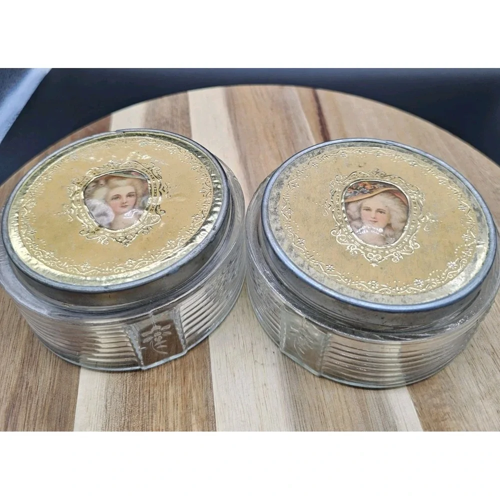 Set Of 2 Vintage Art Deco Empty Vanity Powder Jars‎ With Ladies Portaits On Lids
